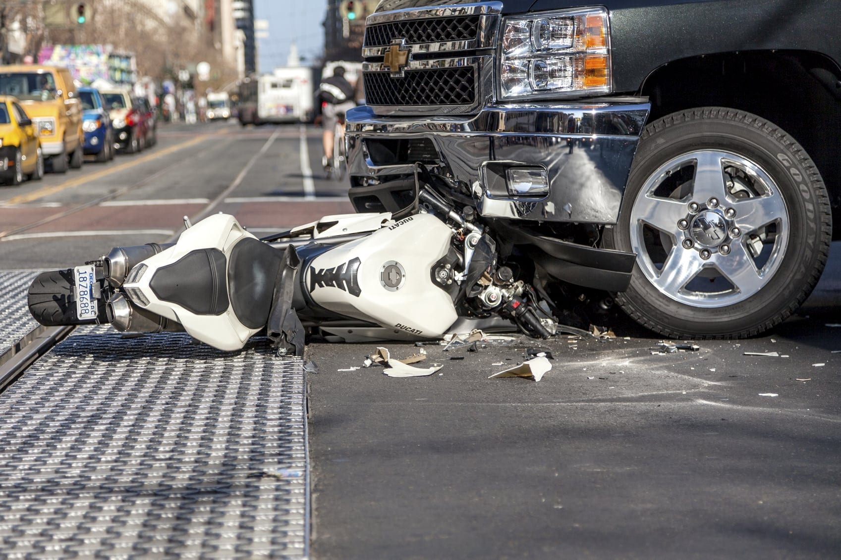 Motorcycle Accident With Pickup Truck Stock Photo